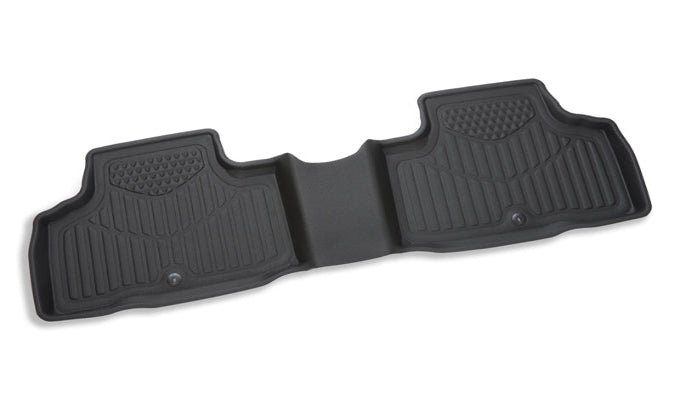 A pair of black rubber car floor mats shown from a top-down angle on a white background.