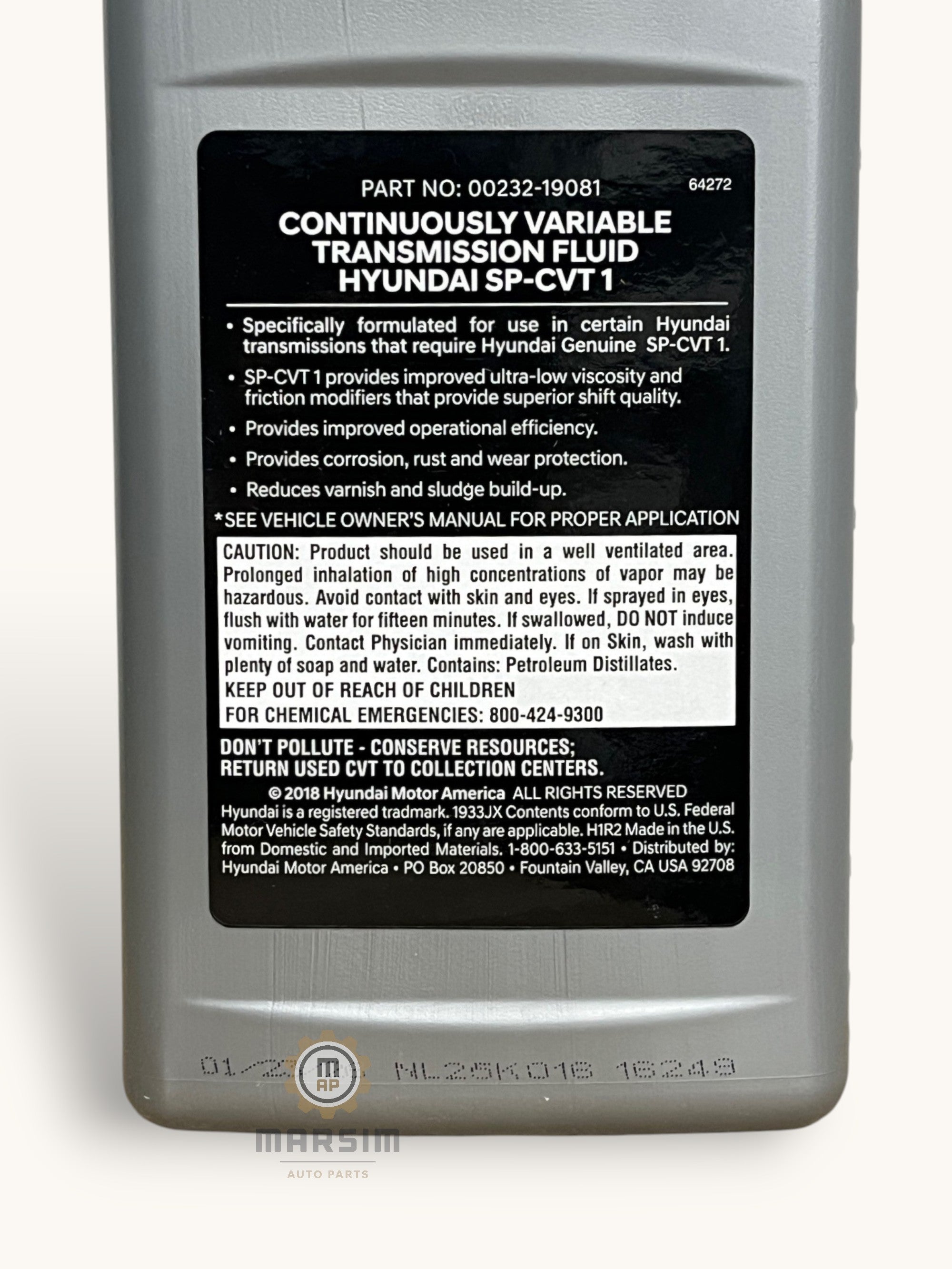 Container of continuously variable transmission fluid with label on a white background