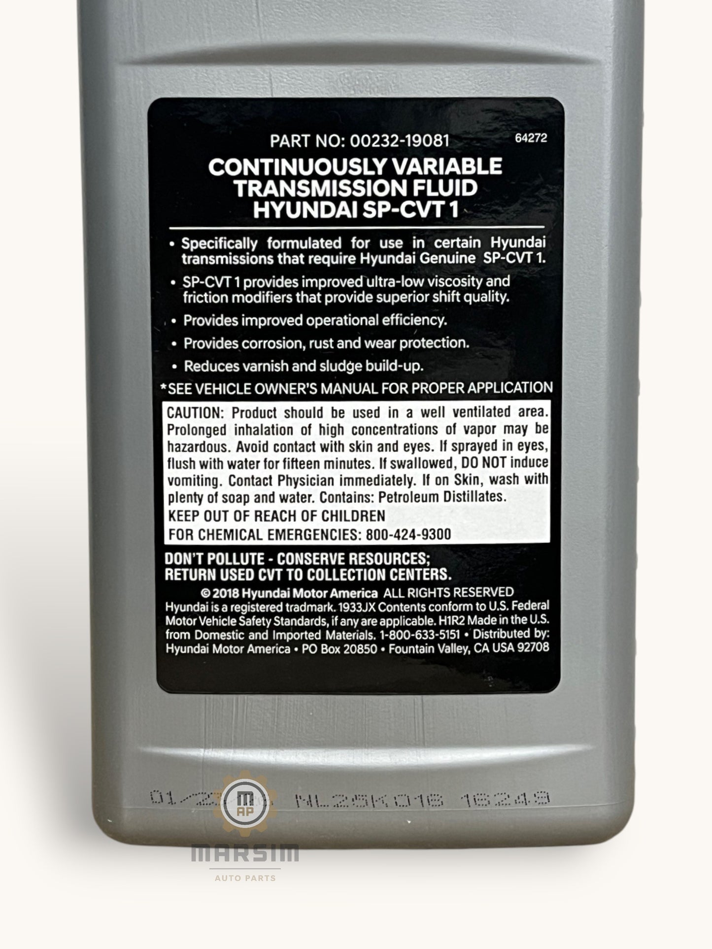 Container of continuously variable transmission fluid with label on a white background