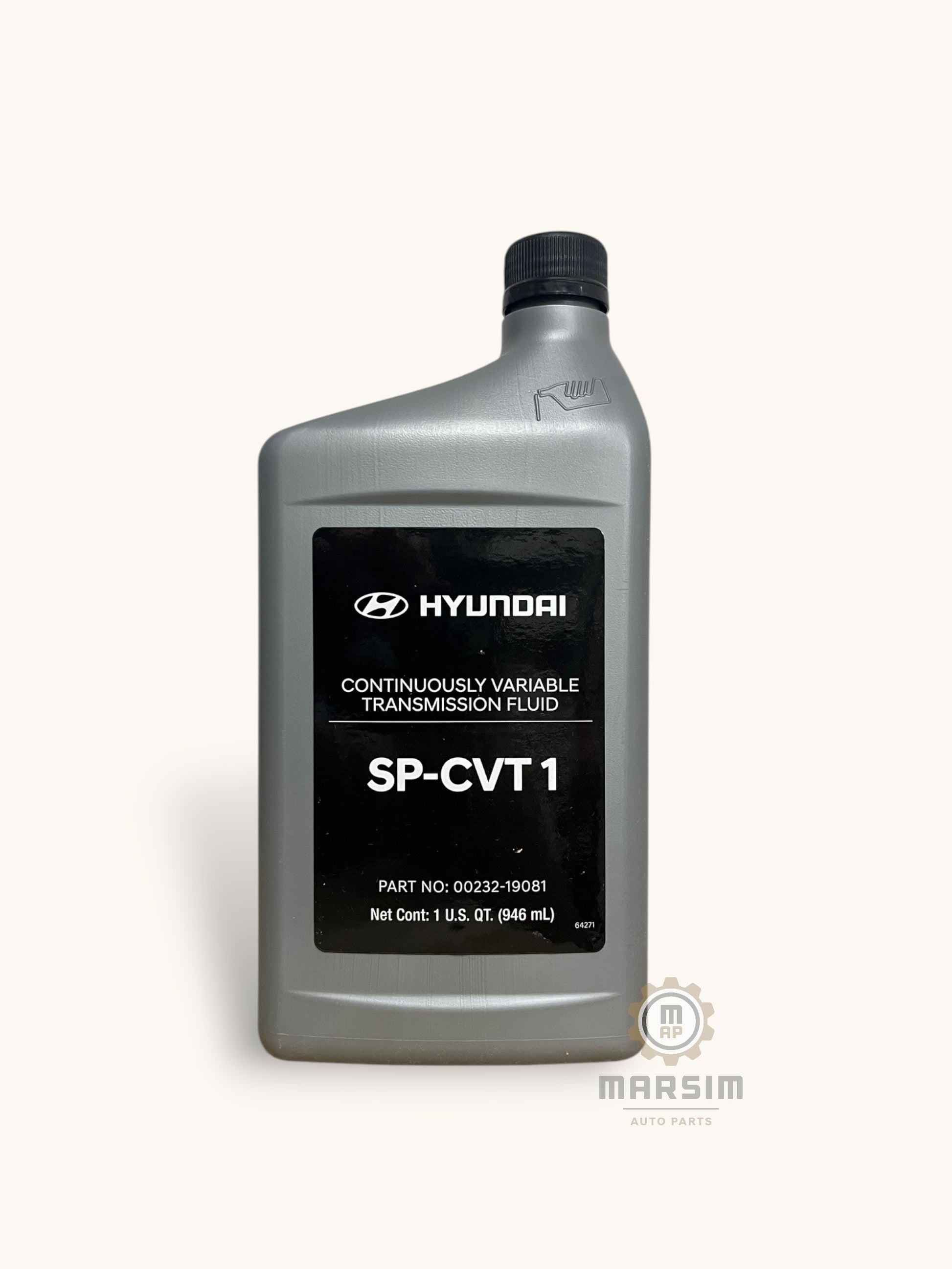 Bottle of Hyundai Continuously Variable Transmission Fluid SP-CVT 1 on a white background