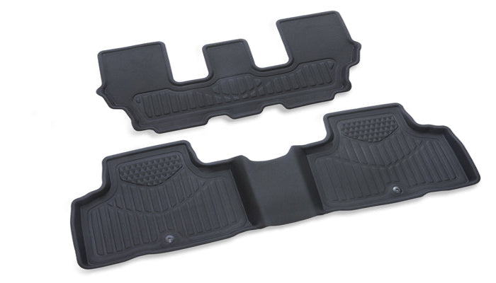 A pair of black rubber car floor mats shown on a plain white background, with one set positioned above the other to display both pieces.