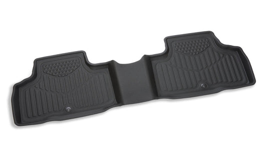 A pair of black rubber car floor mats shown from a top-down angle on a white background.